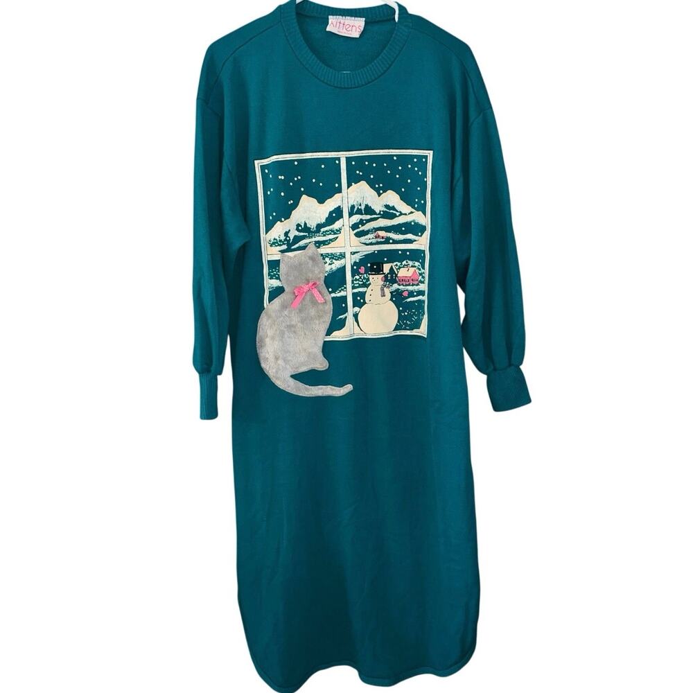Vintage Kittens women’s teal sweatshirt material nightgown sleepwear dress (M/L)